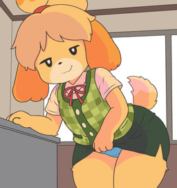 anthro blue_clothing blue_panties blue_underwear bottomwear clothed clothing clothing_lift female fur gusset leaning looking_at_viewer panties presenting_underwear skirt skirt_lift smile smug solo tail thick_thighs underwear dinim animal_crossing nintendo isabelle_(animal_crossing) canid canine canis domestic_dog mammal absurd_res hi_res