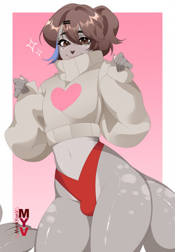 accessory anthro bangs black_nose brown_eyes brown_hair bulge clothing cropped_sweater eyelashes glistening glistening_body grey_body grey_clothing grey_sweater grey_topwear hair hair_accessory hairclip looking_down male navel ponytail red_clothing red_thong red_underwear simple_background smile solo standing sweater thick_thighs thong topwear underwear markyanv_(artist) mammal marine pinniped seal 2026 colored digital_drawing_(artwork) digital_media_(artwork) hi_res shaded