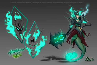 alternate_costume armor bottomwear cape clothing corruption crown evil_grin female fusion glowing glowing_eyes green_eyes headgear helmet loincloth mace melee_weapon pauldron possession smile solo split_form staff weapon octinalu league_of_legends riot_games tencent mordekaiser_(lol) nami_(lol) aquatic humanoid merfolk 3:2 absurd_res hi_res