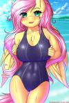 2018 2:3 5_fingers abs absurd_res anthro anthrofied big_breasts blush breasts clothing cloud curvy_figure detailed_background digital_media_(artwork) equid equine eye_through_hair eyelashes feathered_wings feathers female fingers fluttershy_(mlp) friendship_is_magic fur green_eyes hair hasbro hi_res long_hair looking_at_viewer mammal my_little_pony mythological_creature mythological_equine mythology one-piece_swimsuit open_mouth outside pegasus pink_hair solo swimwear text translucent translucent_hair twistedscarlett60 water wet wide_hipped_female wide_hips wings yellow_body yellow_fur