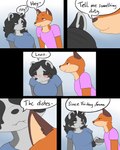 4:5 anthro bite biting_lip blush bottomwear breasts canid canine clothed clothing comic dialogue duo female fox franciene_(tango's_family) fur hair hi_res humor lewis_gunn male male/female mammal procyonid raccoon simple_background smile text
