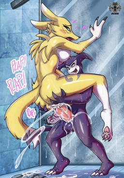 anthro areola balls big_penis blush bodily_fluids breasts butt butt_grab cum cum_from_vagina cum_in_vagina cum_inside cum_on_ground cum_on_penis cum_overflow cum_string cumshot duo ejaculation erection feet female female_penetrated fingers from_front_position fur genital_fluids genitals hand_on_butt heart_symbol hearts_around_head holding_object holding_paper male male/female male_penetrating male_penetrating_female nipples nude onomatopoeia open_mouth orgasm orgasm_face paper pawpads penetration penile penile_penetration penis sex shower shower_sex smile sound_effects spread_legs spreading stand_and_carry_position standing standing_sex tail teeth text toes vaginal vaginal_penetration vulva wet mlock bandai_namco digimon canid canine digimon_(species) fox imp impmon mammal renamon digital_media_(artwork) hi_res
