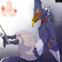 anal_beads anthro arms_tied bdsm beak blue_body blue_feathers blush bound braided_hair braided_ponytail collar dildo feathers green_eyes hair leash male muzzle_(object) muzzled nude ponytail rope sex_slave sex_toy slave solo yellow_beak kusachi breath_of_the_wild nintendo the_legend_of_zelda revali avian rito 1:1