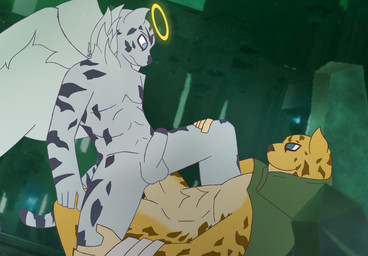 anal anal_penetration anthro cape cape_only clothing duo erection eye_contact genitals halo looking_at_another male male/male mostly_nude penetration penis wings zenith_arts atlus megami_tensei sega ose_(megami_tensei) ose_hellel felid feline leopard mammal pantherine hi_res