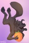 anthro blep butt claws cute_fangs float food fruit fur grey_body grey_fur open_mouth pawpads paws peach_(fruit) plant ruff simple_background toe_claws tongue tongue_out animancer anonym0use nova_(anonym0use) rowrow canid canine canis domestic_dog mammal wolf signature