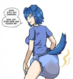 diaper diaper_fetish feces female pooping soiled_diaper soiling stink_fumes text unclean_diaper used_diaper abuduldl animal_humanoid canid canine humanoid mammal english_text hi_res