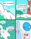 4_panel_comic blue_body day duo flower fur grass lying on_back outside plant profanity text white_body white_fur hydrabb avian bird lagomorph leporid mammal rabbit 2022 4:5 comic digital_media_(artwork) english_text