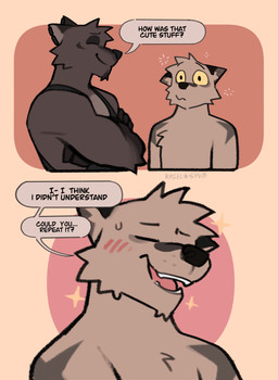 2_panel_comic anthro arm_markings blush blush_lines bodily_fluids brown_body clothing confusion crossed_arms dialogue duo ear_piercing eyes_closed male markings piercing shirt shoulder_markings smile sparkles star_(marking) sweat sweatdrop tank_top text topwear yellow_sclera rygel_spkb milo_(rygel_spkb) yoby_(rygel_spkb) canid canine canis mammal wolf absurd_res comic english_text hi_res multiple_scenes