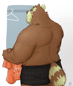 anthro barazoku belly bottomwear butt clothing humanoid_hands male overweight overweight_anthro overweight_male shirt shorts solo text topwear malcus_pine misterbunny56 ailurid mammal red_panda 2015 hi_res