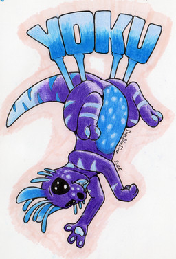 ambiguous_gender antennae_(anatomy) badge blue_body blue_markings feral frill_(anatomy) hanging_from_ceiling markings multicolored_body paws pink_background purple_body purple_eyes quadruped simple_background striped_body stripes tail two_tone_body whiskers doesnotexist rain_world videocult yoku_(gyrotech) slugcat hi_res