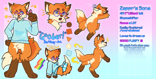 5_fingers anthro bleh blep blue_clothing blue_eyes blue_legwear blue_shirt blue_thigh_highs blue_topwear blush bottomless bottomless_anthro bottomless_male brown_body brown_fur butt cheek_tuft chibi circle_eyebrows clothed clothing color_swatch countershade_arms countershade_body countershade_butt countershade_ears countershade_face countershade_fur countershade_legs countershade_tail countershading description eyebrows eyewear facial_tuft featureless_crotch femboy fingers fluffy fluffy_tail footwear fur fur_tuft gesture glasses gradient_background grid_lines hand_gesture legwear lgbt_pride male nude open_mouth orange_body orange_fur pattern_clothing pattern_footwear pattern_legwear pattern_socks pawpads pink_pawpads pink_paws pride_colors pronouns purple_eyewear purple_glasses rainbow_flag rainbow_pride_colors rainbow_pride_flag rainbow_symbol red_tongue round_glasses shirt silly simple_background six-stripe_rainbow_pride_colors smile socks solo star striped_clothing striped_footwear striped_socks stripes tail text thigh_highs tongue tongue_out topless topless_anthro topless_male topwear tuft v_sign white_body white_fur wide_eyed cythesam zappr_(youtuber) arthropod butterfly canid canine fox insect lepidopteran mammal red_fox true_fox absurd_res colored english_text full-length_portrait hi_res model_sheet portrait adult_(lore)
