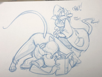 anthro ass_up barefoot blue_lines book clothed clothed_female clothed_male clothing duo facial_hair feet female hair jack-o'_pose jumpsuit male mustache pose tail brian_reynolds chip_'n_dale_rescue_rangers disney gadget_hackwrench monterey_jack_(cdrr) mammal mouse murid murine rodent hi_res