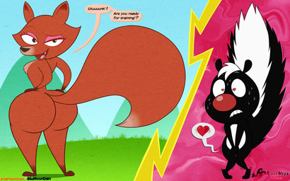 anthro big_butt butt covering covering_crotch covering_self dialogue dipstick_tail duo eyelashes eyeshadow female heart_eyes heart_symbol looking_back makeup male markings nude pink_eyeshadow red_nose speech_bubble tail tail_markings text wide_hips blu3danny skunk_fu fox_(skunk_fu) skunk_(skunk_fu) canid canine fox mammal mephitid skunk 16:10 absurd_res comic english_text hi_res widescreen