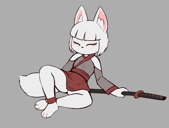 3_toes ankles_touching anthro asian_clothing bell bob_cut breasts butt clothed clothing curvy_figure east_asian_clothing eyeliner eyes_closed feet female fluffy fluffy_tail fur hindpaw hourglass_figure inner_ear_fluff japanese_clothing katana makeup melee_weapon miko_outfit no_bra no_underwear pawpads paws pussy_peek samurai shrine_maiden sitting soles solo spread_legs spreading sword tail toes tuft vulva_slip warrior weapon white_body white_fur e254e yuki_(e254e) canid canine fox mammal absurd_res hi_res