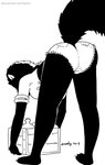 alcohol anthro bent_over beverage bottomwear breasts butt clothing denim denim_bottomwear denim_clothing denim_shorts female fur hotpants mature_female shorts side_boob tegerio zandar's_saga catherine_o'daisies mammal mephitid skunk 2019 monochrome