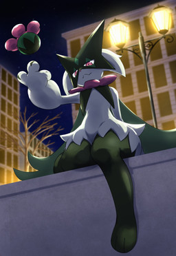 3_fingers 3_toes ambiguous_gender anthro feet fingers flower_(anatomy) flower_trick fur green_body green_fur jagged_mouth mask night pink_eyes pink_nose plant solo street_lamp toes tree niku1441 nintendo pokemon generation_9_pokemon meowscarada pokemon_(species) 2024 absurd_res hi_res