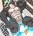 5_fingers abs anthro areola bathtub biceps biped claws countershade_face countershade_torso countershading fingers male muscular muscular_anthro muscular_male nipples partially_submerged pecs rubber_duck solo water darknaigart canid canine canis mammal wolf absurd_res hi_res