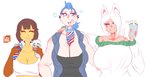 big_breasts blue_eyes blue_hair breasts brown_hair clothed clothing ear_piercing eyes_closed female food group hair hair_over_eye hand_over_shoulder lineup one_eye_obstructed piercing smile yellow_body cev cev_rosa dory_gaufre norah_de_jannsen animal_humanoid canid canid_humanoid canine canine_humanoid human humanoid mammal mammal_humanoid 2020