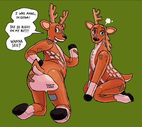 anthro antlers black_nose butt deflation dialogue half-closed_eyes horn inflatable kneeling looking_back male narrowed_eyes presenting presenting_hindquarters rear_view simple_background speech_bubble text pepoeke deer_mike mike_(deer_mike) animate_inanimate deer living_inflatable mammal 2026 english_text hi_res