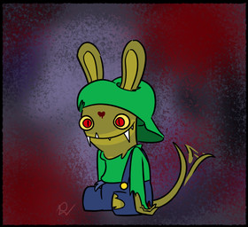 3_fingers anthro backwards_hat black_border blood blood_on_face blood_on_finger blue_clothing blue_overalls bodily_fluids border button_(fastener) clothed clothed_anthro clothed_male clothing fingers fully_clothed fully_clothed_anthro fully_clothed_male fur green_body green_clothing green_fur green_pawpads green_shirt green_skin green_tail green_topwear happy hat headgear headwear long_ears long_tail male male_anthro motion_lines multicolored_body noseless overalls pawpads pupils red_eyes sharp_teeth shirt short_legs simple_background sitting slit_pupils solo tail tail_motion tailwag teeth topwear torn_clothing torn_hat torn_headwear torn_overalls torn_shirt torn_topwear two_tone_body yellow_sclera insert-thenewbl-here attack_of_the_killer_rabbids_from_outer_space mario_bros mario_plus_rabbids_kingdom_battle nintendo raving_rabbids rayman_(series) ubisoft rabbid_luigi killer_freak lagomorph mammal rabbid 2024 crossover digital_drawing_(artwork) digital_media_(artwork) english_description flat_colors hi_res signature