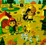 ambiguous_gender anthro blue_sky bow_(weapon) chibi clothing dress female grass group leaf male plant ranged_weapon shrub size_difference sky standing tree water weapon boarboy animal_crossing ghibli nintendo princess_mononoke ashitaka coco_(animal_crossing) san_(princess_mononoke) bovid canid canine canis caprine goat human kodama_(princess_mononoke) lagomorph leporid mammal rabbit suid suine sus_(pig) wild_boar wolf absurd_res crossover hi_res