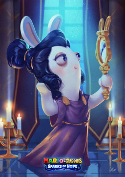 anthro bent_arm blue_eyes blush candelabra candle candlelight closed_smile clothed clothed_anthro clothed_female clothing detailed_background dress dust eyelashes female floor fur hair hair_bun holding_mirror holding_object inside light long_ears looking_at_mirror looking_at_object mirror mitten_hands mouth_closed no_eyebrows noseless pillar purple_clothing purple_dress reflective_floor smile solo standing tan_eyelids text tile tile_floor title toony white_body white_fur window yellow_hair_tie alessandra_de_bernardis mario_plus_rabbids_sparks_of_hope raving_rabbids rayman_(series) ubisoft lagomorph mammal rabbid 2020 absurd_res colored detailed digital_drawing_(artwork) digital_media_(artwork) english_description english_text full-length_portrait hi_res lighting official_art portrait shaded signature