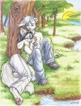 anthro creek detailed_background duo female forest male nature outside plant river riverbank romantic romantic_couple sky tail tree wood vera_(artist) domestic_cat felid feline felis mammal