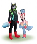 5_fingers anthro blue_body blue_fur boots clothing duo female fingerless_gloves fingers footwear fur gloves green_eyes grey_body grey_fur handwear hoodie leg_warmers legwear male red_eyes shoes standing tail topwear demicoeur kaj kana_(demicoeur) canid canine canis mammal wolf 2012 digital_media_(artwork)