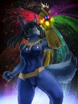 anthro black_hair blue_body blue_fur clenched_hands clothing cosplay dipstick_tail female fur green_eyes hair infinity_gauntlet markings sharp_teeth smile snap solo tail tail_markings teeth tight_clothing general-irrelevant marvel corablue_(character) thanos canid mammal 3:4 hi_res