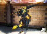 anthro armor claws fangs fur greatsword green_body green_fur grey_body grey_fur knight male paws plant red_eyes solo tail tail_tuft teeth tuft warrior yellow_body yellow_fur foxybashbang brom_(sahurus) sergal