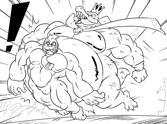 abs accessory anthro belly big_belly bracelet cape clenched_teeth clothing crown duo exclamation_point fangs feet fist fur gem headgear jewelry male mostly_nude motion_lines musclegut muscular muscular_male necktie necktie_only obese obese_anthro obese_male open_mouth overweight overweight_anthro overweight_male pecs prehensile_feet scales tail teeth toes tongue tongue_out wide_eyed wristband reagan700 donkey_kong_(series) nintendo donkey_kong_(character) king_k._rool crocodile crocodilian haplorhine kremling mammal monkey primate reptile scalie 2019 monochrome