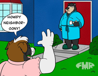 allcaps anthro bathrobe black_body black_fur black_nose black_text blue_bathrobe blue_clothing blue_robe blue_walls brown_body brown_fur building clothing coffee_cup container cup dialog_balloon duo eyewear fur glasses green_grass green_shrubs green_text greeting hair half-closed_eyes house male morning narrowed_eyes outside pink_clothing pink_shirt pink_topwear robe shirt text tired toony topwear white_body white_fur white_hair foxmanad dom_(foxmanad) ned_flanders bear black_bear canid canine canis domestic_dog mammal molosser mountain_dog saint_bernard ursine signature