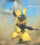 aircraft anthro black_body black_fur black_nose blue_eyes claws cloud combat_gear dust fur gun hk416 holding_object holding_weapon kemono kneeling military outside ranged_weapon rifle scope serious sky solo v-22 vehicle weapon yellow_body yellow_fur yupa boeing nintendo pokemon united_states_marine_corps generation_7_pokemon legendary_pokemon pokemon_(species) zeraora 2019 hi_res