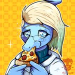 anthro biped blonde_hair blue_body blue_eyes blue_scales bone_frill cheek_bulge clothed clothed_anthro clothed_female clothing eating eyebrows eyewear female fingers food frill_(anatomy) front_view glasses hair heart_eyes heart_symbol holding_food holding_object holding_pizza hoodie humanoid_hands logo looking_at_viewer medium_hair pattern_background pizza raised_eyebrows scales simple_background solo sparkles topwear white_clothing white_hoodie white_topwear by:_muun cavemanon_studios snoot_game fan_character zephyr_(op_gero) dinosaur hadrosaurid ornithischian ornithopod parasaurolophus prehistoric_species reptile scalie 1:1 2024 absurd_res artist_logo artist_name colored headshot_portrait hi_res portrait shaded