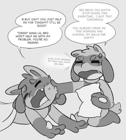 3_fingers 4_fingers anthro bedding blanket cross-popping_vein duo eyebrows fingers fur holding_object holding_pillow pillow teeth text tongue young young_anthro ryess nintendo pokemon lucca_(ryess) ree_(ryess) generation_4_pokemon lucario pokemon_(species) riolu english_text hi_res monochrome brother_(lore) brothers_(lore) sibling_(lore)
