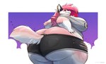 anthro big_butt bottomwear butt butt_cleavage clothing ear_piercing female fur hair hands_on_hips hotpants looking_at_viewer looking_back looking_back_at_viewer overweight overweight_anthro overweight_female piercing pink_hair shirt shorts smile solo tank_top thick_thighs topwear wide_hips gillpanda valentine_(bjornn) canid canine canis mammal wolf 2021 colored hi_res shaded