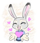 anthro buckteeth clothed clothing dipstick_ears ear_markings eyes_closed fur grey_body grey_fur heart_symbol multicolored_ears open_mouth open_smile simple_background smile solo teeth izumi_h27 disney zootopia judy_hopps lagomorph leporid mammal rabbit 2021