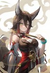 bare_shoulders breasts brown_body brown_fur brown_hair cleavage clothed clothing female fox_tail fur green_eyes hair hair_between_eyes inner_ear_fluff long_hair looking_at_viewer sleeveless smile solo tuft yonesdraws honkai:_star_rail mihoyo tingyun_(honkai:_star_rail) animal_humanoid canid canid_humanoid canine canine_humanoid fox_humanoid humanoid mammal mammal_humanoid absurd_res hi_res