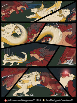 9_panel_comic angry animal_genitalia anthro back_spikes balls barely_visible_balls barely_visible_genitalia barely_visible_sheath black_horn black_stripes blood blood_on_horn blue_eyes bodily_fluids broken_horn brown_horn clenched_teeth dialogue digit_ring duo fight finger_ring foreheads_touching fur furaffinity_logo gem genitals grimace horn jewelry male membrane_(anatomy) membranous_wings motion_blur night open_mouth outside overbite page_number patreon_logo red_body red_fur red_gem red_glow river scales sharp_teeth sheath sky skyline spiked_tail spikes spikes_(anatomy) star starry_sky stripes tail tail_motion tail_swipe teeth text wings wounded yellow_body yellow_scales rimentus european_mythology furaffinity mythology patreon coalt korvath_(rimentus) dragon furred_dragon furred_scalie mythological_creature mythological_scalie scalie western_dragon comic english_text hi_res url