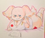 big_breasts breasts clothed clothing female lying on_front partially_clothed solo abitriskay nintendo pokemon audino generation_5_pokemon pokemon_(species)