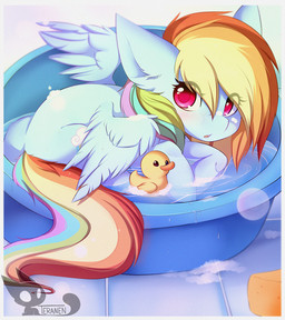 bath bathing blue_body blue_feathers blush border cutie_mark feathered_wings feathers female feral hair looking_at_viewer multicolored_hair open_mouth purple_eyes rainbow_hair rubber_duck solo sponge spread_wings water white_border wings conditional_dnp teranen friendship_is_magic hasbro my_little_pony mythology rainbow_dash_(mlp) equid equine mammal mythological_creature mythological_equine pegasus 2017