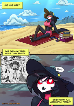 anthro argument avian_feet beach beach_towel beak beverage_can black_body black_feathers black_hair blue_sky book breasts building clothing cloud crown dress eyebrows feathers feet female female_anthro fingers grimoire hair hat headgear headwear male male_anthro open_mouth pink_clothing red_sclera sand sky solo_in_panel sun_hat talons text tiara toes top_hat towel trio_in_panel mrmelted hellaverse helluva_boss pepsi octavia_(helluva_boss) stella_(helluva_boss) stolas_(helluva_boss) avian avian_demon bird owl owl_demon 2026 absurd_res comic english_text hi_res