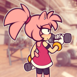 anthro armband athletic_wear bodily_fluids bottomwear breath clothing electronics exercise female gym gym_bottomwear gym_shorts hair half-closed_eyes headphones narrowed_eyes ponytail shorts solo sweat sweatdrop weightlifting weights wireless_earbuds workout cocomania sega sonic_the_hedgehog_(series) amy_rose eulipotyphlan hedgehog mammal 1:1 hi_res