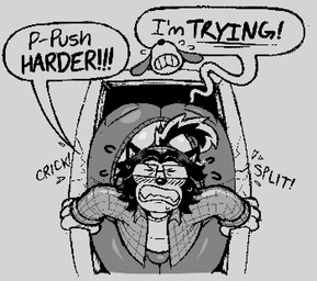 big_butt blush bodily_fluids bottomwear bulge butt clothing cracks denim denim_bottomwear denim_clothing dialogue eyewear flannel flannel_shirt glasses huge_butt jeans male offscreen_character open_mouth pants sharp_teeth solo struggling stuck stuck_in_door sweat teeth thick_thighs wide_hips zlut385 dog_haus maggie_(dog_haus) stuart_(doghaus) canid canine canis domestic_dog mammal greyscale monochrome