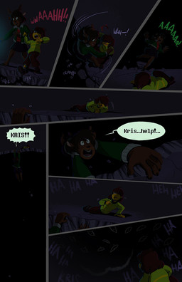 5_fingers adolescent anthro antlers barefoot black_background bottomwear brown_body clothing cloven_hooves dark_hair darkness dialogue duo falling feet female fingers footwear green_eyes hanging_by_arms hooves horn jacket larger_anthro larger_female looking_up lying_on_ground male on_ground open_mouth scared shirt shoes shoving simple_background size_difference skirt speech_bubble sweater talking_to_another text topwear yelling young lynxgriffin deltarune undertale_(series) dess_holiday kris_dreemurr deer human mammal new_world_deer reindeer comic english_text hi_res