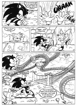 :d :o amusement_ride anthro clothing dialogue gloves handwear open_mouth pointing_at_object roller_coaster smile text ayamepso sega sonic_the_hedgehog_(series) miles_prower sonic_the_hedgehog canid canine eulipotyphlan fox hedgehog mammal black_and_white comic english_text line_art monochrome