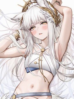 bangs blush clothing eyebrow_through_hair eyebrows female glistening glistening_body glistening_skin hair human_and_animal_ears laurel_wreath long_hair looking_at_viewer midriff multi_ear navel open_mouth orange_eyes raised_arms solo topwear translucent translucent_hair white_hair tabhead arknights hypergryph studio_montagne platinum_(arknights) animal_humanoid equid equid_humanoid equine equine_humanoid horse_humanoid humanoid mammal mammal_humanoid 2025 3:4 absurd_res hi_res