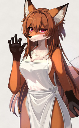 anthro apron apron_only breasts brown_body brown_fur brown_hair chest_tuft closed_smile clothed clothing countershading dipstick_ears dipstick_tail dress ear_markings female front_view fully_clothed fur gloves_(marking) hair inner_ear_fluff long_hair looking_at_viewer markings medium_breasts mouth_closed multicolored_ears red_eyes side_boob side_slit side_slit_dress simple_background sleeveless_dress slit_dress smile solo standing tail tail_markings tuft white_background white_clothing white_dress kemo_yuki canid canine fox mammal hi_res portrait three-quarter_portrait