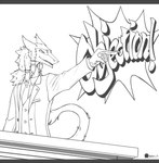 anthro claws clothed clothing desk dress_shirt fur furniture gesture hand_gesture male narrowed_eyes necktie pointing raised_tail shirt solo suit suit_jacket table tail topwear marcushunter ace_attorney capcom objection! seiji_(seiji_the_sergal) sergal 2024 half-length_portrait portrait signature