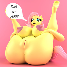 5_toes anal_request anthro anthrofied anus areola big_breasts big_butt breasts butt dialogue eyelashes eyeshadow feet female genitals green_eyes hair huge_breasts humanoid_feet legs_back legs_up looking_at_viewer makeup nipples nude open_mouth open_smile pink_areola pink_background pink_eyeshadow pink_hair pink_nipples pink_tail plantigrade presenting presenting_anus profanity requesting sex_request simple_background smile soles solo speech_bubble tail talking_to_viewer teal_eyes text toes vulva yellow_body yellow_skin argos90 friendship_is_magic hasbro my_little_pony fluttershy_(mlp) equid equine horse mammal pony 1:1 3d_(artwork) blender_(artwork) digital_media_(artwork) english_text hi_res